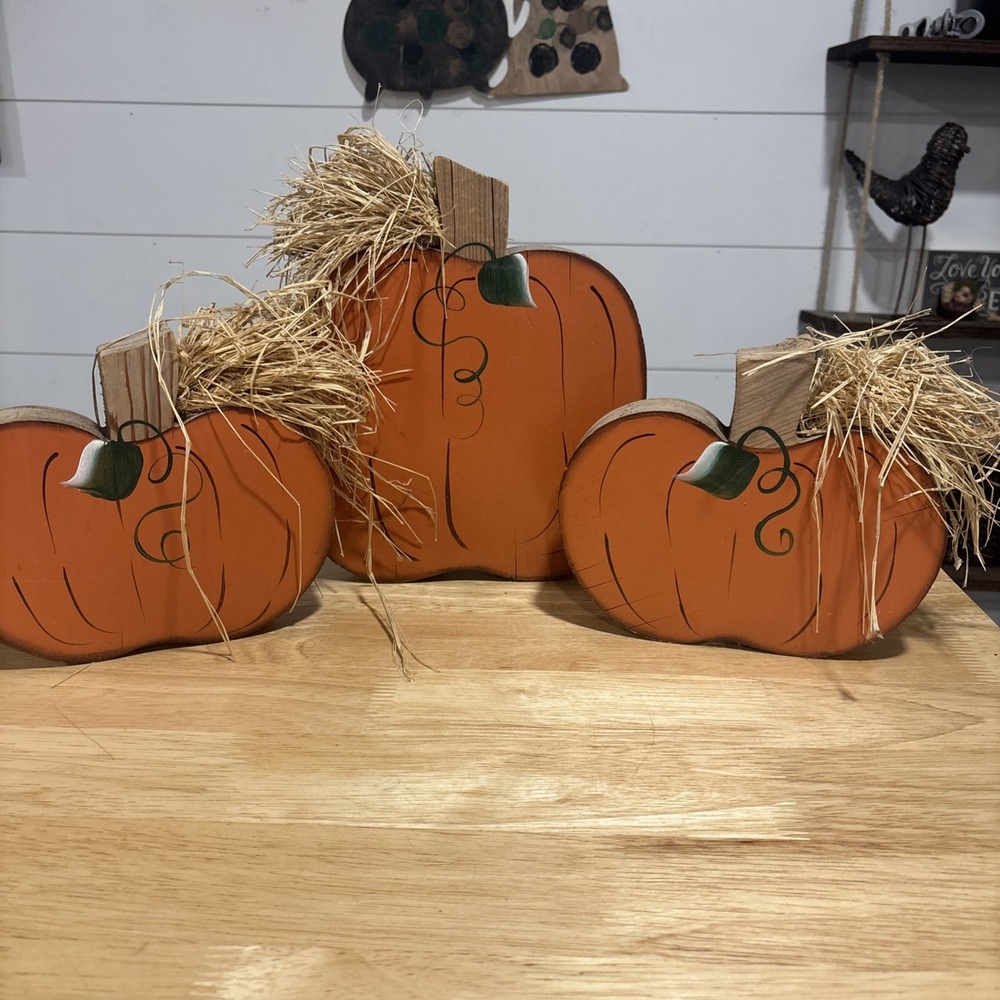 Farm House Wooden Pumpkin Decor, 3 Pumpkins, 2 - 8" X 7", 1 - 9" X 10"